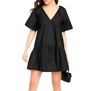 FLUTTER BLACK TIERED POPLIN MINI BABY DOLL DRESS V NECK WITH POCKETS SMALL NWOT